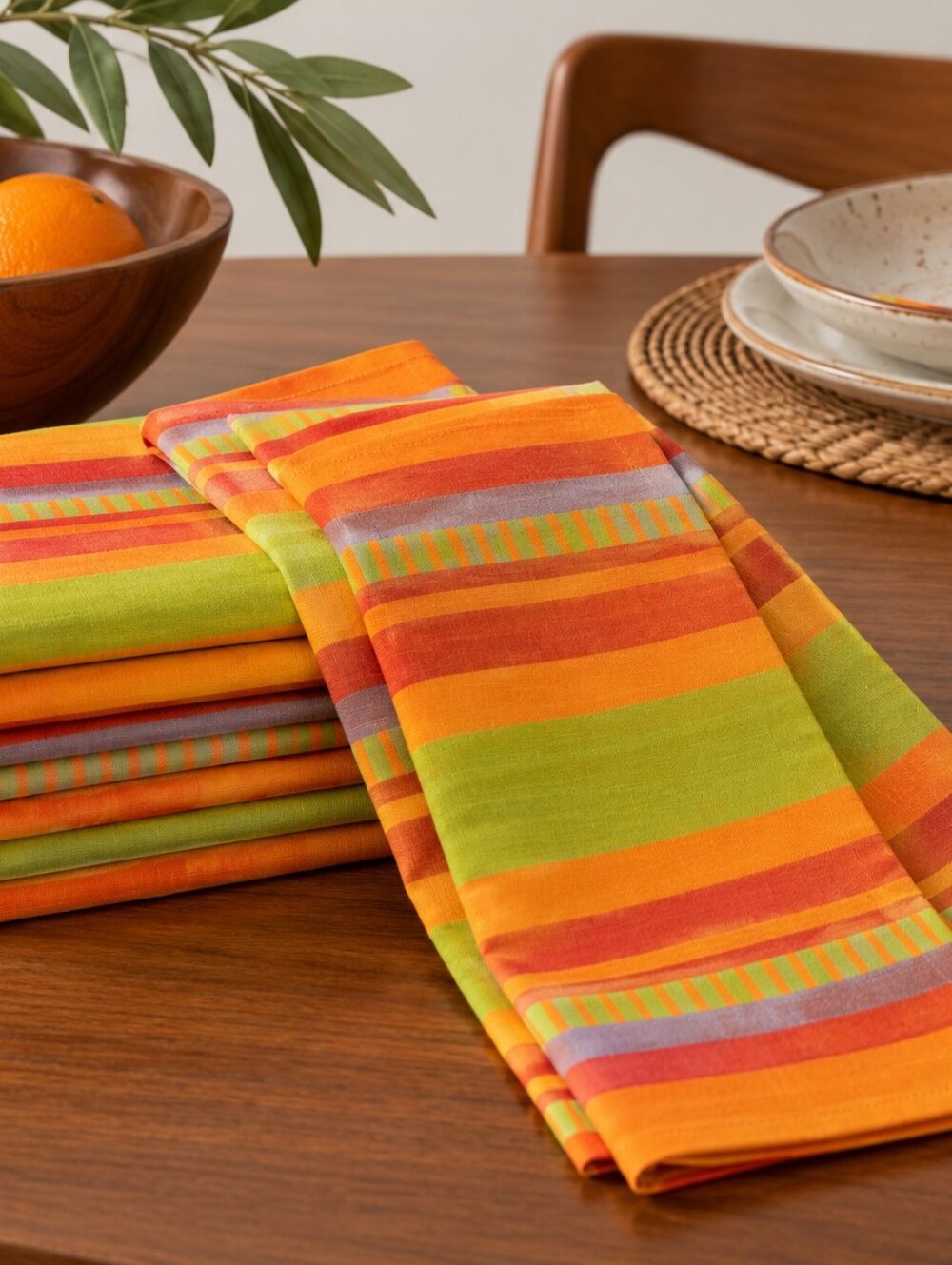 DANSK New Old Stock 7 Piece Vibrant Antigua Stripe Cotton Cloth Dinner Napkins
